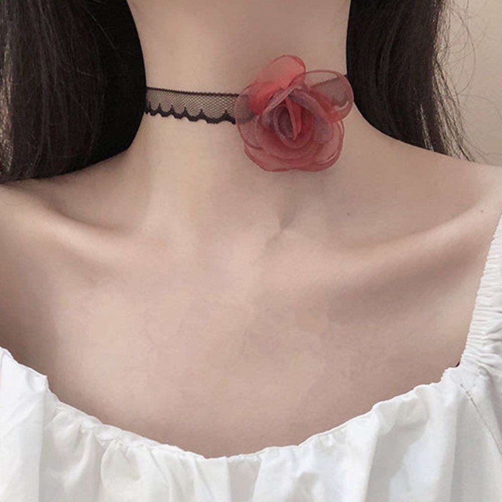 Retro Lace & Satin Choker Necklace | Women Vintage Neck Charm Rose Floral #1261